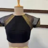 Black Silk Readymade Saree Blouse – Gold Zari Brocade Yoke & Sheer Net Elbow Sleeve Blouse - Image 3
