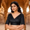Black Silk Readymade Saree Blouse with Deep V-Neck & Dori Tassels | Elbow Sleeves Padded Choli for Saree & Lehenga - Image 2