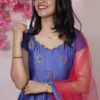 Blue Anarkali Gown with Red Net Dupatta | Cap Sleeve Scalloped Neckline | Stone Work Party Wear Dress