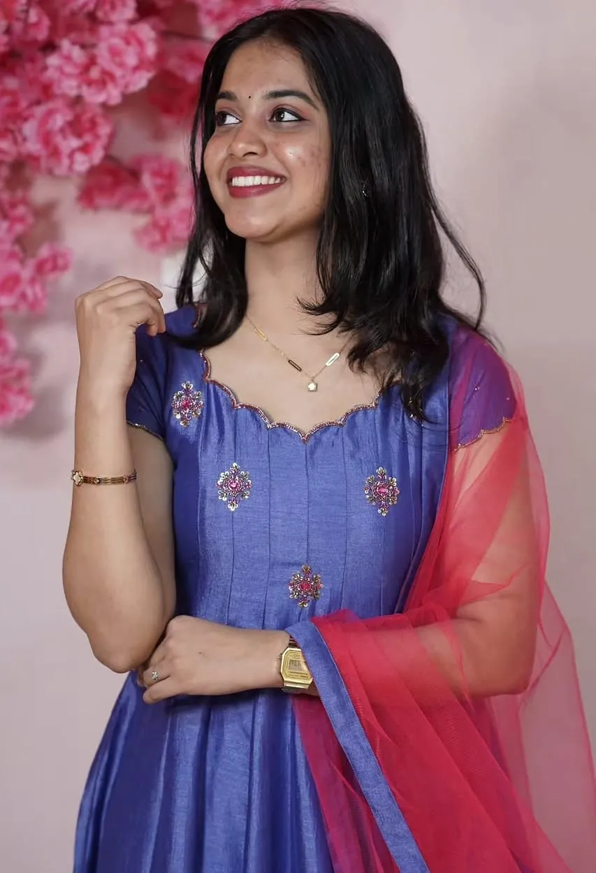 Blue Anarkali Gown with Red Net Dupatta | Cap Sleeve Scalloped Neckline | Stone Work Party Wear Dress