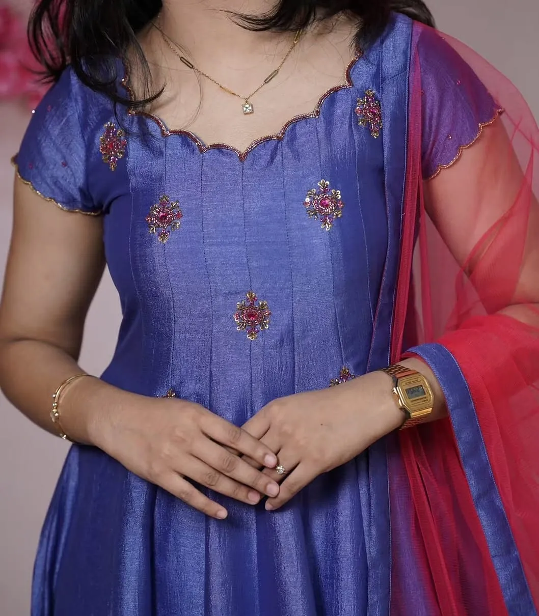 Blue Anarkali Gown with Red Net Dupatta | Cap Sleeve Scalloped Neckline | Stone Work Party Wear Dress - Image 3