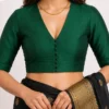 Bottle Green Raw Silk Readymade Saree Blouse with Front Plunge V-Neck & Potli Buttons | Elbow Sleeve Padded Choli for Saree & Lehenga