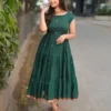 Bottle Green Tiered Anarkali Dress | Square Neck Cap Sleeve Long Gown | Gold Border Cotton Silk Ethnic Midi Dress