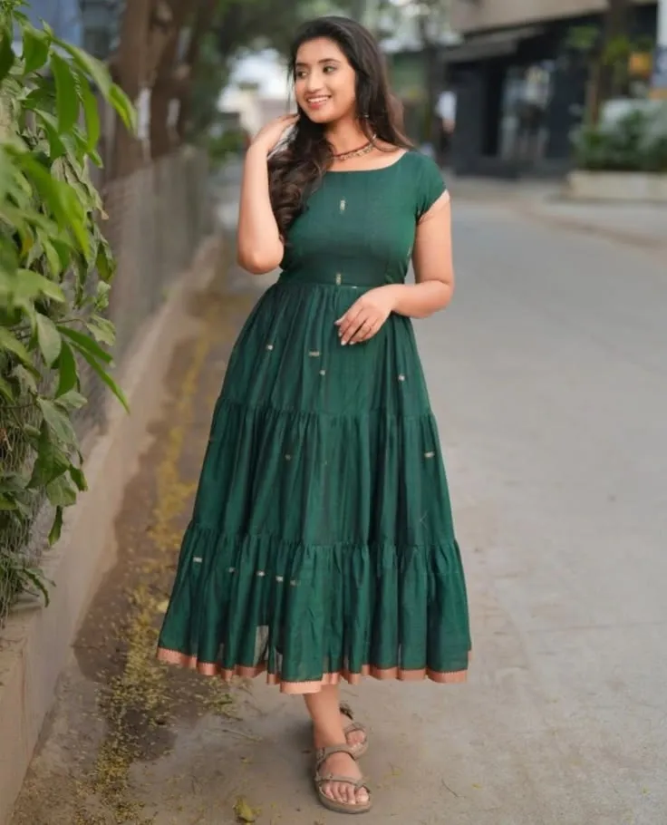 Bottle Green Tiered Anarkali Dress | Square Neck Cap Sleeve Long Gown | Gold Border Cotton Silk Ethnic Midi Dress