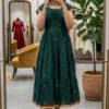 Bottle Green Tiered Anarkali Dress | Square Neck Cap Sleeve Long Gown | Gold Border Cotton Silk Ethnic Midi Dress - Image 2