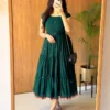 Bottle Green Tiered Anarkali Dress | Square Neck Cap Sleeve Long Gown | Gold Border Cotton Silk Ethnic Midi Dress - Image 3