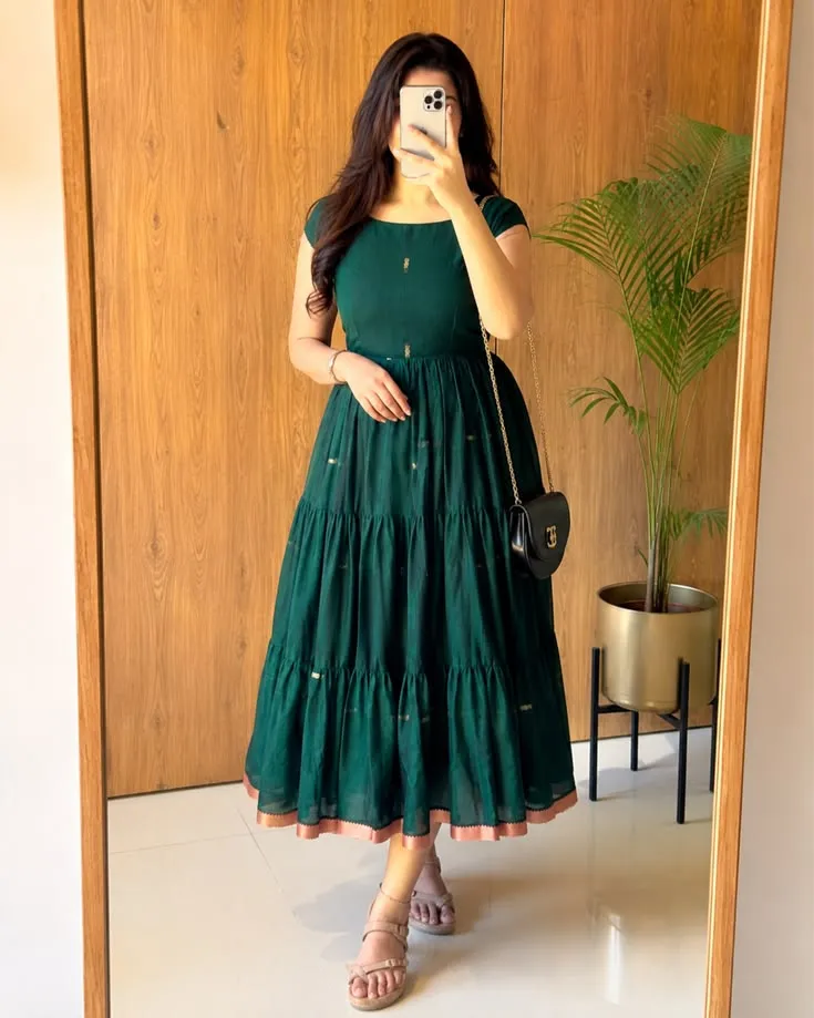 Bottle Green Tiered Anarkali Dress | Square Neck Cap Sleeve Long Gown | Gold Border Cotton Silk Ethnic Midi Dress - Image 3