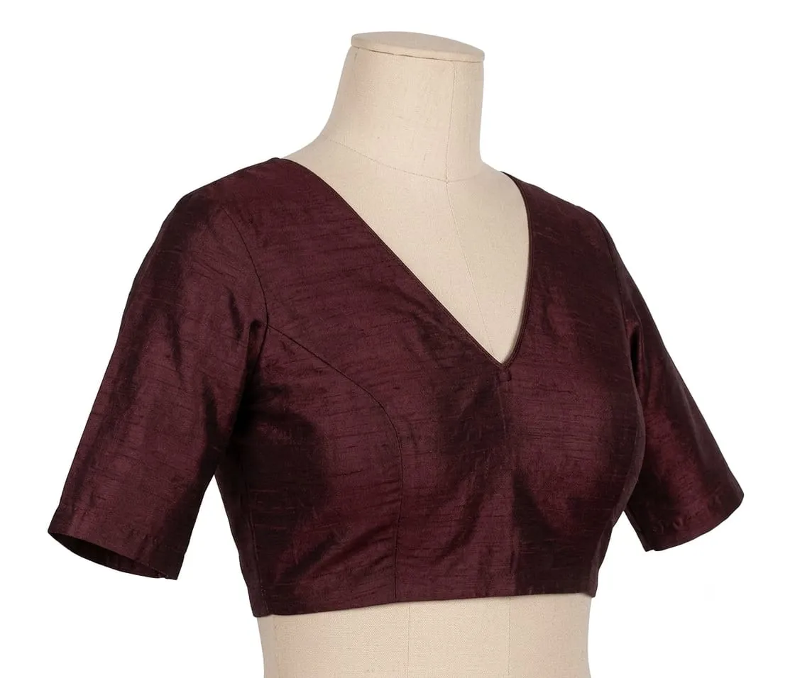 Burgundy Raw Silk Deep V-Neck Blouse | Keyhole Back Saree Blouse