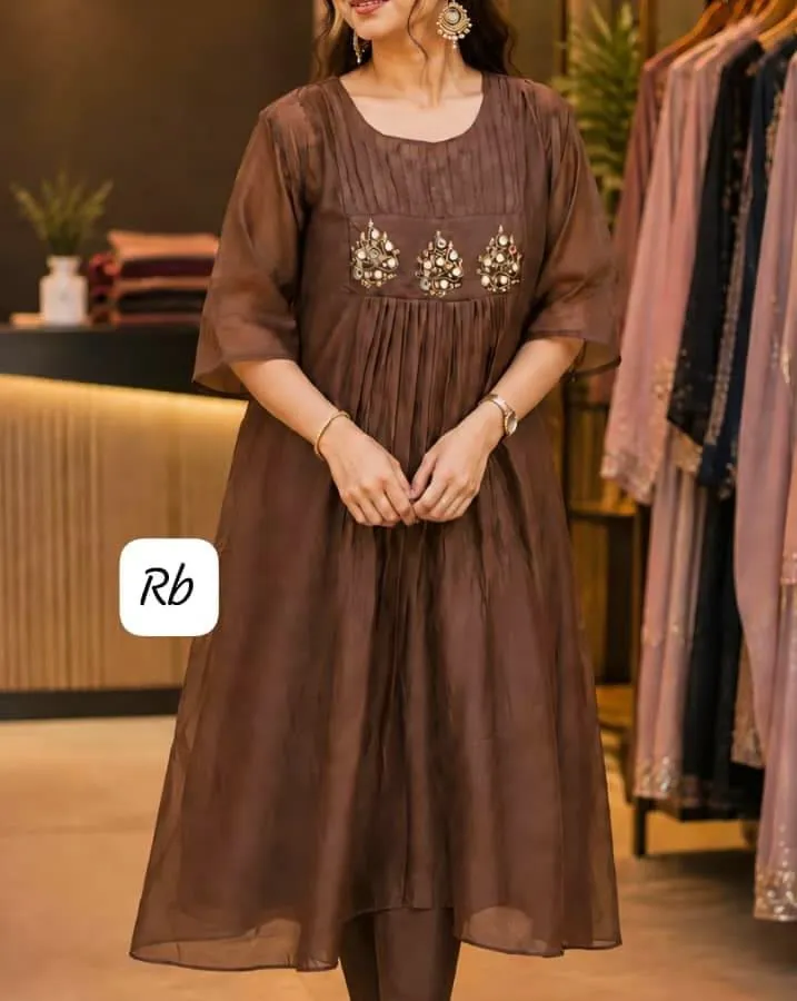 Chanderi  Silk Pleated Anarkali Kurti | Handcrafted Yoke Zardosi & Mirror Embroidered Flared Long Kurta