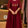 Chanderi  Silk Pleated Anarkali Kurti | Handcrafted Yoke Zardosi & Mirror Embroidered Flared Long Kurta - Image 2