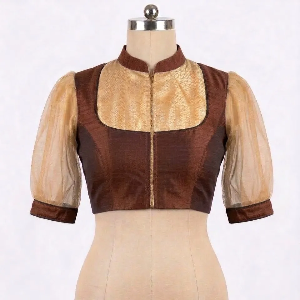 Chinese Collar Net Illusion Saree Blouse | Padded Ready to Wear Ethnic Blouse for Sarees & Lehengas - Image 2