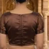 Coffee Brown Boat Neck Readymade Blouse – Satin Body with Sheer Organza Puff Sleeves - Image 2