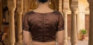 Coffee Brown Boat Neck Readymade Blouse – Satin Body with Sheer Organza Puff Sleeves - Image 2