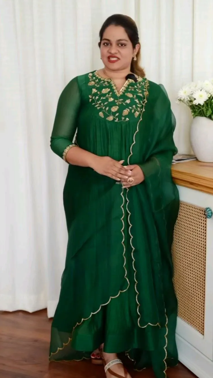 Dark Green Raw Silk Anarkali Suit Set | Zari Embroidered Neckline Pleated Kurti with Scallop Dupatta
