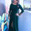 Emerald Green Velvet Long Gown Dress | Embroidered Sleeves Party Wear Anarkali Kurti with Front Slit - Image 2
