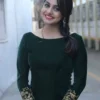 Emerald Green Velvet Long Gown Dress | Embroidered Sleeves Party Wear Anarkali Kurti with Front Slit - Image 3