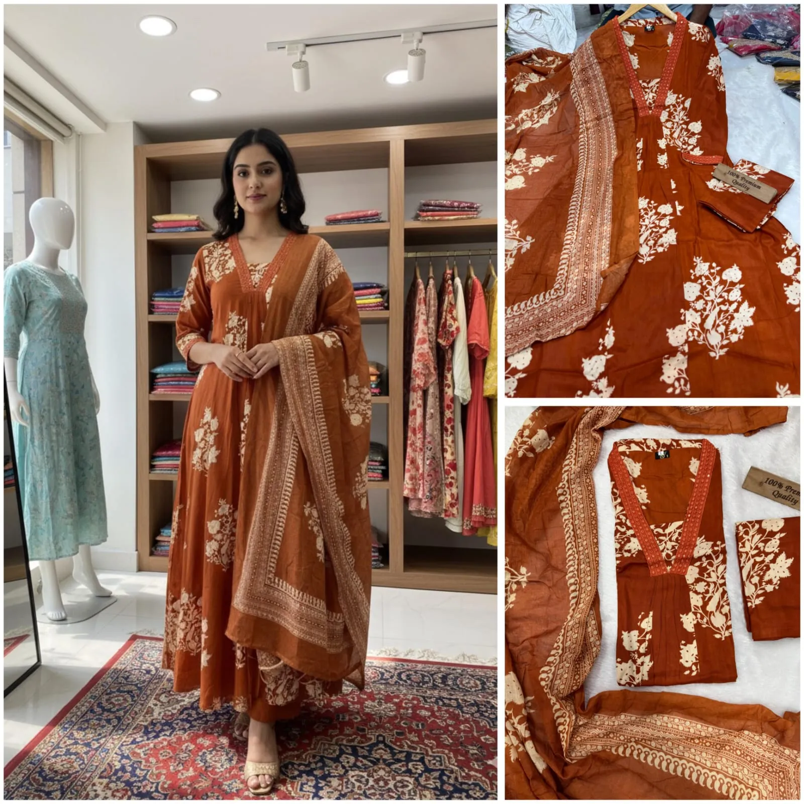 Floral Printed Rayon Cotton Kurti Set | Embroidered V-Neck 3 Piece Suit | Wine & Rust Colors | M to XXL