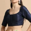 Front Open Readymade Silk Blouse – Elbow Sleeve Deep Scoop Back Neck with Dori for Saree & Lehenga