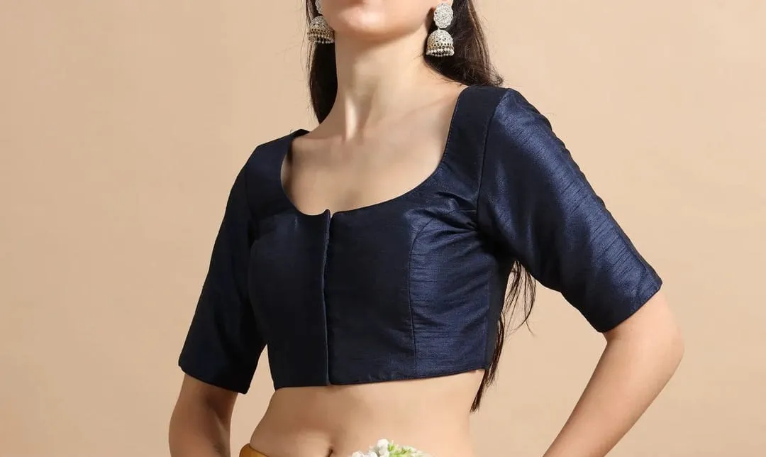 Front Open Readymade Silk Blouse – Elbow Sleeve Deep Scoop Back Neck with Dori for Saree & Lehenga