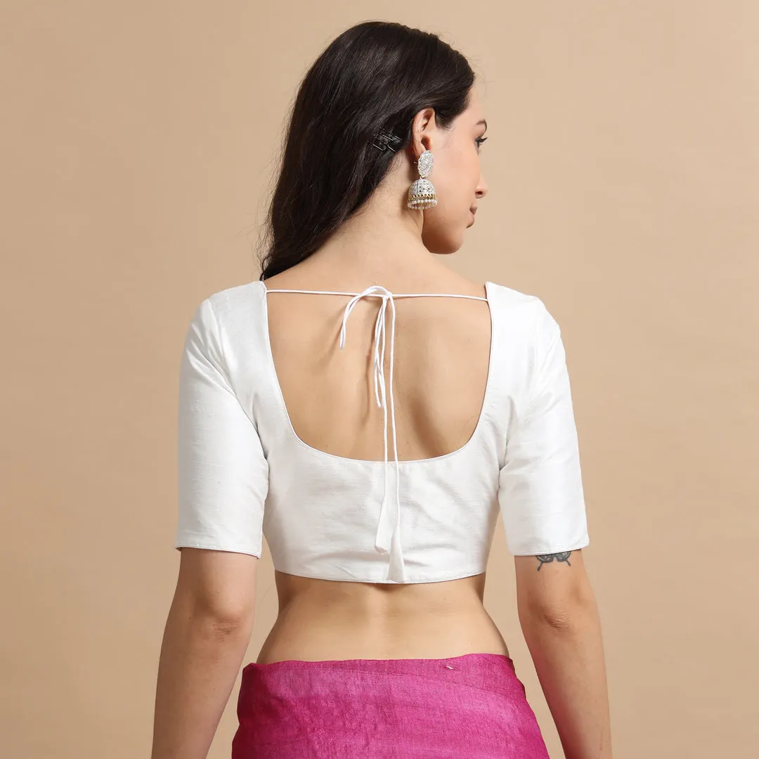 Front Open Readymade Silk Blouse – Elbow Sleeve Deep Scoop Back Neck with Dori for Saree & Lehenga - Image 4