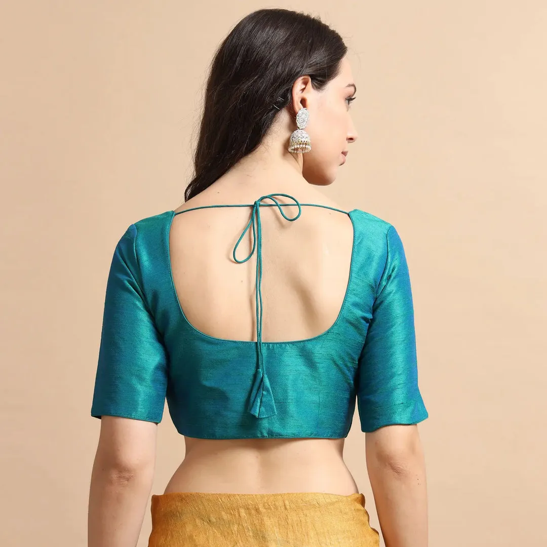 Front Open Readymade Silk Blouse – Elbow Sleeve Deep Scoop Back Neck with Dori for Saree & Lehenga - Image 6