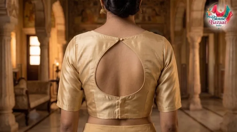 Golden Tissue Silk Readymade Saree Blouse with Sweetheart Neck & Teardrop Cutout Back | Elbow Sleeve Padded Choli for Saree & Lehenga - Image 2