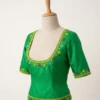 Green Raw Silk Readymade Blouse with Hand Embroidery | Deep U-Neck & Back Zip Detail