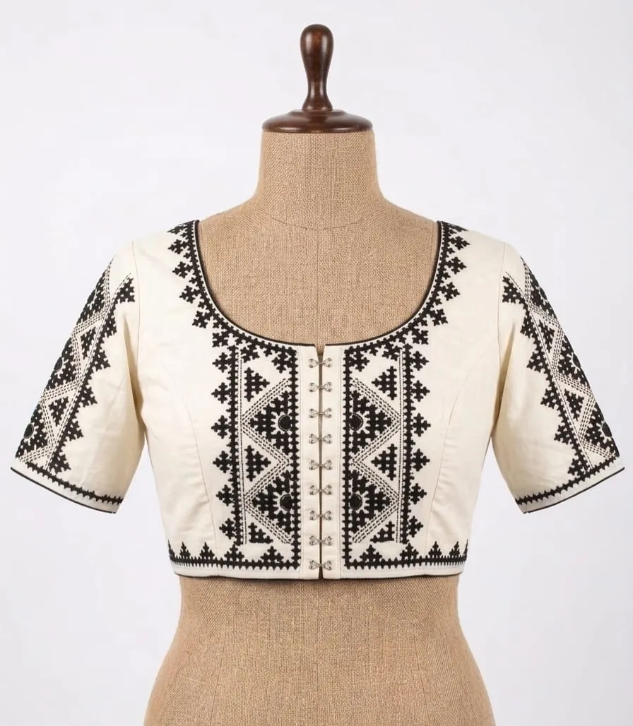 Hand Embroidered Cotton Saree Blouse | Front Hook Designer Blouse Online - Image 2