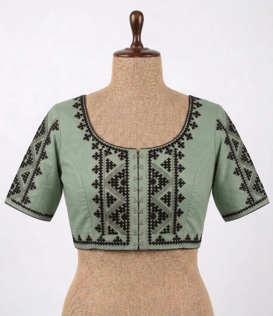 Hand Embroidered Cotton Saree Blouse | Front Hook Designer Blouse Online - Image 3