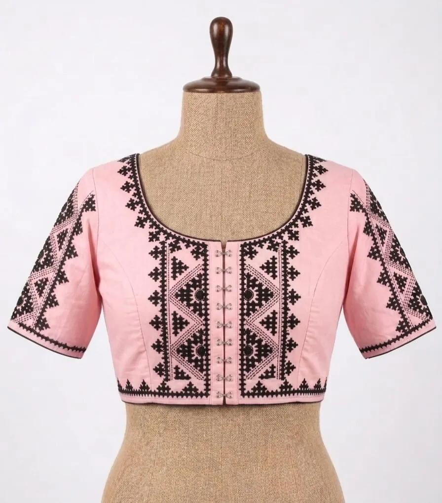 Hand Embroidered Cotton Saree Blouse | Front Hook Designer Blouse Online - Image 4