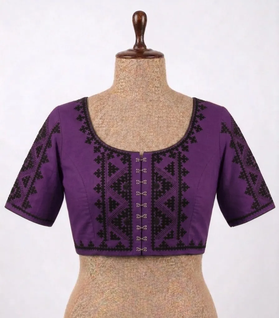 Hand Embroidered Cotton Saree Blouse | Front Hook Designer Blouse Online - Image 5