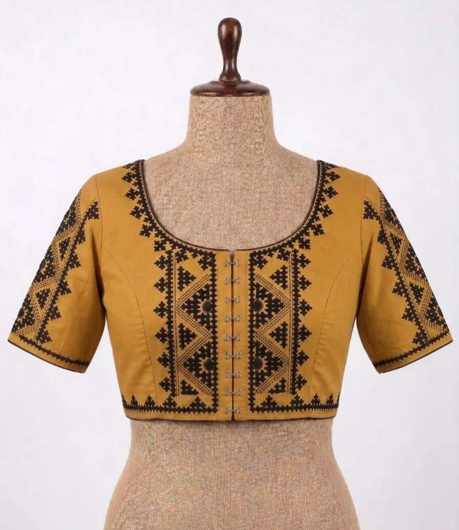 Hand Embroidered Cotton Saree Blouse | Front Hook Designer Blouse Online - Image 6