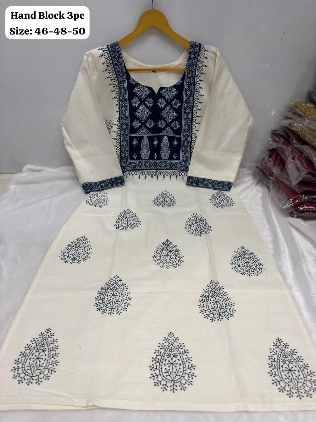 Indigo Hand Block Print Cotton Kurti Set | Ivory Palazzo Suit with Dupatta | Plus Size 3XL 4XL 5XL