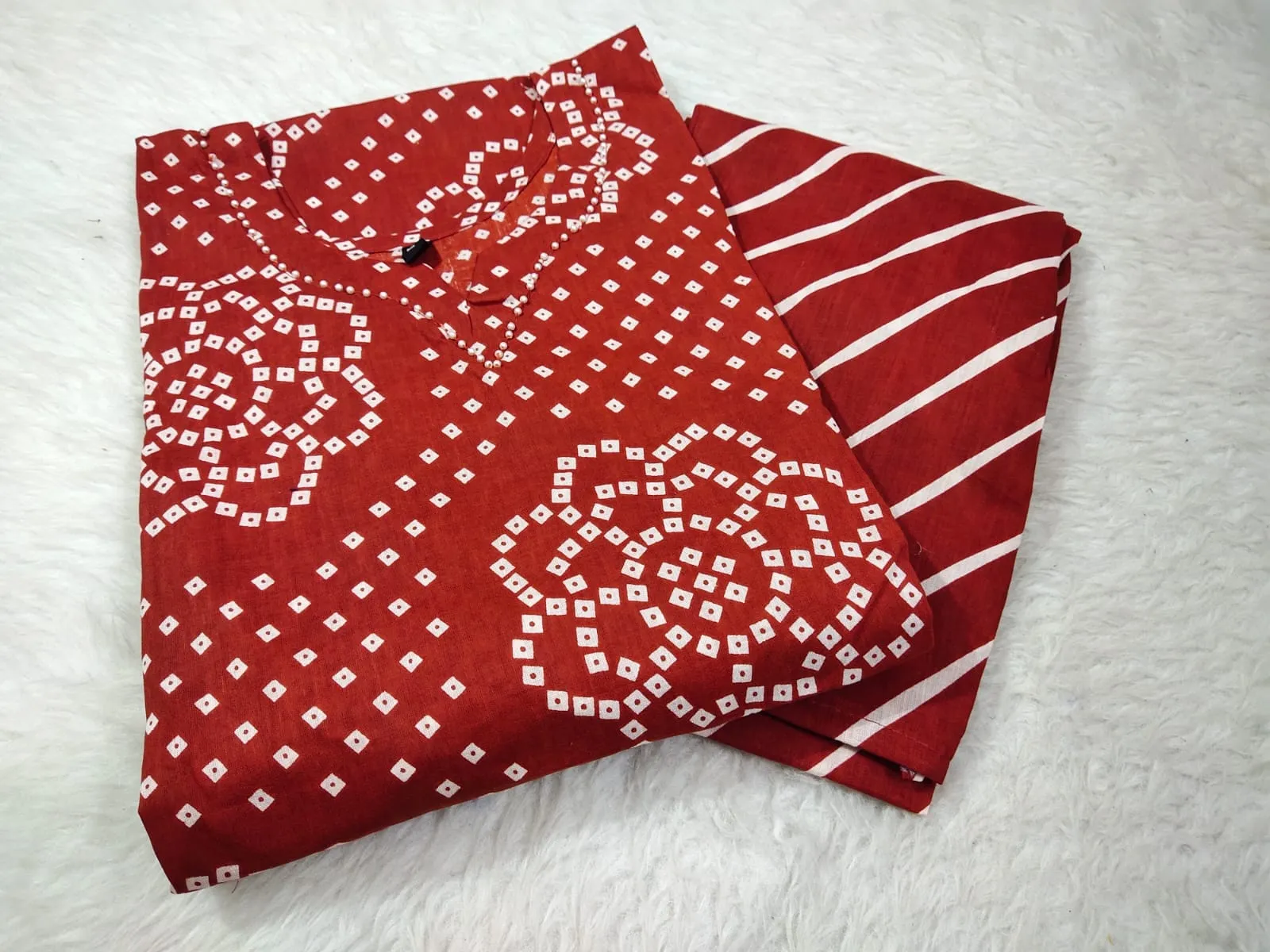 Jaipuri Bandhani Print Cotton Kurti Pant Set | 2 Piece Suit