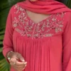 Keyhole Neck Hand Embroidered Yoke Coral Pink Georgette Anarkali Gown with Dupatta