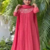 Keyhole Neck Hand Embroidered Yoke Coral Pink Georgette Anarkali Gown with Dupatta - Image 2