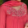 Keyhole Neck Hand Embroidered Yoke Coral Pink Georgette Anarkali Gown with Dupatta - Image 3