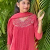 Keyhole Neck Hand Embroidered Yoke Coral Pink Georgette Anarkali Gown with Dupatta - Image 4