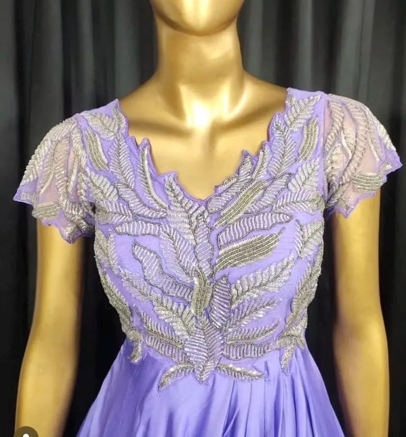 Lavender Ball Gown with Silver Leaf Beadwork | Cap Sleeve V-Neck Evening Dress | Layered Draped Prom Gown