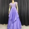 Lavender Ball Gown with Silver Leaf Beadwork | Cap Sleeve V-Neck Evening Dress | Layered Draped Prom Gown - Image 3