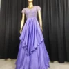 Lavender Ball Gown with Silver Leaf Beadwork | Cap Sleeve V-Neck Evening Dress | Layered Draped Prom Gown - Image 4