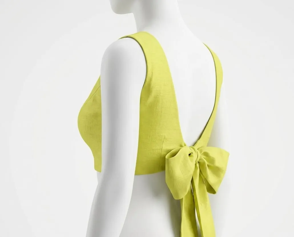 Lime Yellow V-Neck Blouse with Bow Back | Sleeveless Designer Saree Blouse