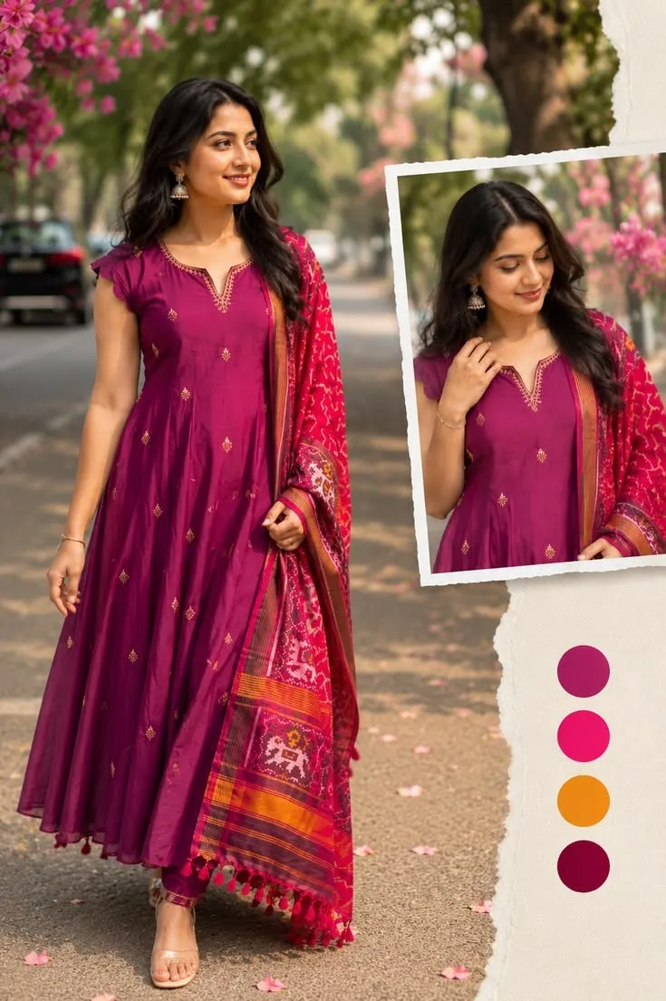 Magenta Pink Anarkali Suit Set with Patola Print Dupatta | Embroidered Ethnic Festive Kurta Set
