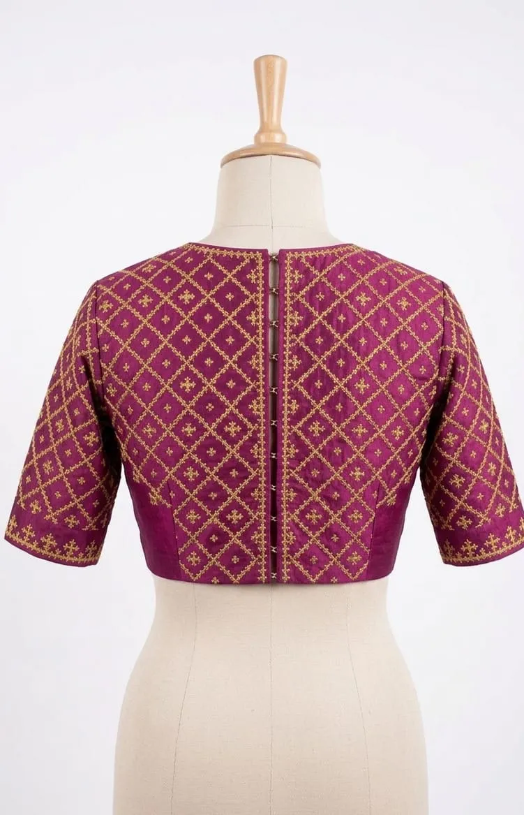 Magenta Raw Silk Blouse with Gold Lattice Embroidery | Readymade Boat Neck Blouse