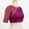 Magenta Raw Silk Blouse with Gold Lattice Embroidery | Readymade Boat Neck Blouse - Image 2