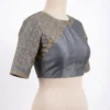 Magenta Raw Silk Blouse with Gold Lattice Embroidery | Readymade Boat Neck Blouse - Image 3