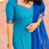 Narayanpet Handloom Cotton 3 Pc Set – Sweetheart Neck Teal Blue Kurti with Contrast Border Dupatta & Pants
