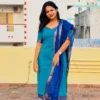 Narayanpet Handloom Cotton 3 Pc Set – Sweetheart Neck Teal Blue Kurti with Contrast Border Dupatta & Pants - Image 2