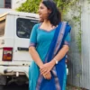 Narayanpet Handloom Cotton 3 Pc Set – Sweetheart Neck Teal Blue Kurti with Contrast Border Dupatta & Pants - Image 3