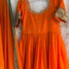 Narayanpet Silk Cotton 3 Pc Set – Mirror Work Neck Orange Anarkali with Elephant Border Dupatta